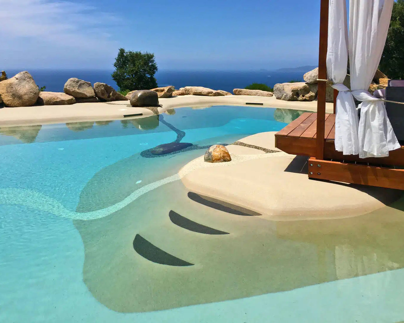 Bio design pool area with a view of the ocean and clear blue sky