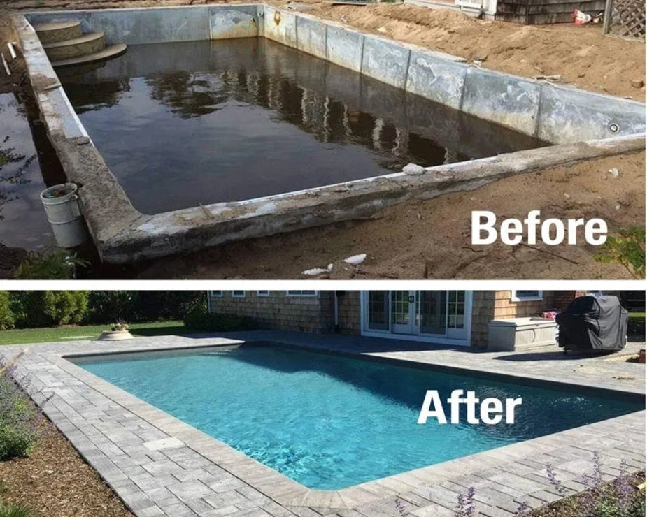 Before and after comparison of a pool construction project with text labels 'Before' and 'After'.